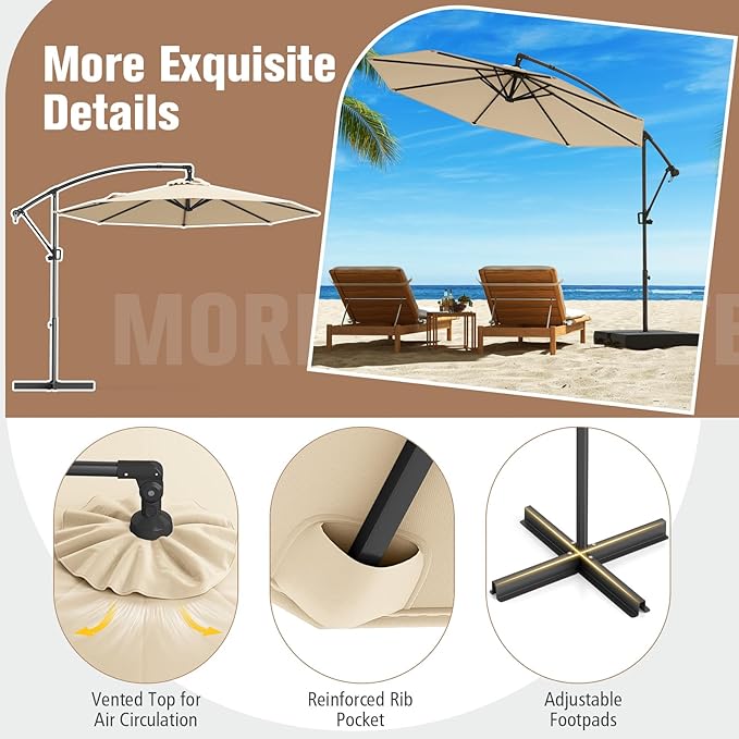 Tangkula 10 FT Patio Offset Umbrella, Hanging Cantilever Umbrella w/X-shaped Base & 360° Rotation, Smooth Crank Handle, Vented Top, Outdoor Market Umbrella for Backyard, Deck (Beige)