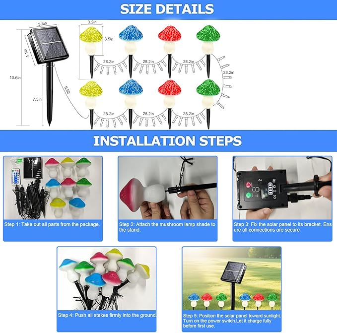 LiyuanQ Mushroom Solar Lights Outdoor Decor - 8 Pack 50 LED Crackle Mushroom Lights, 23ft Solar Powered Fairy String Light with 8 Modes, Waterproof for Outside Garden Yard Patio Pathway, Colorful