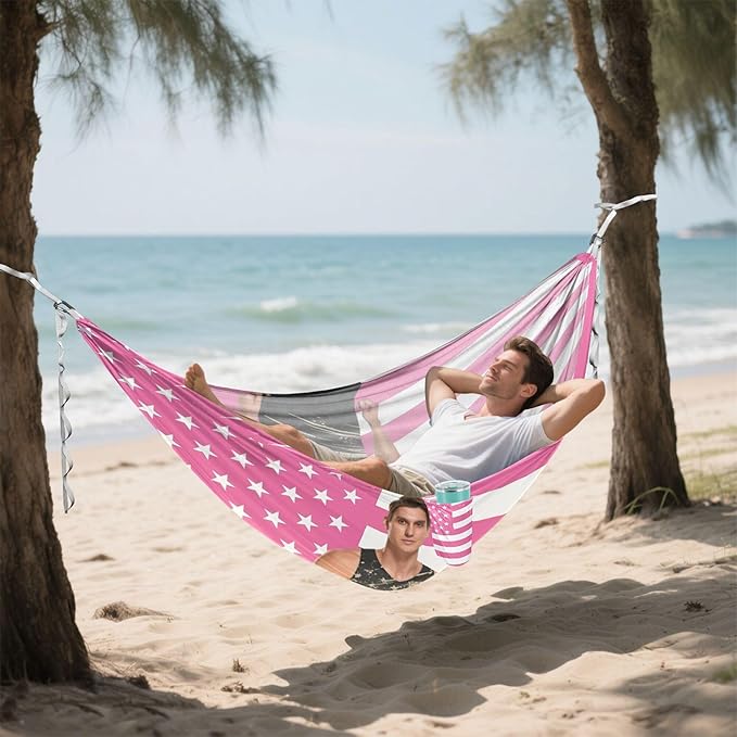 Pink American Flag Custom Outdoor Hammocks with Tree Straps Indoor Hammock for Outside Patio Backyard Poolside