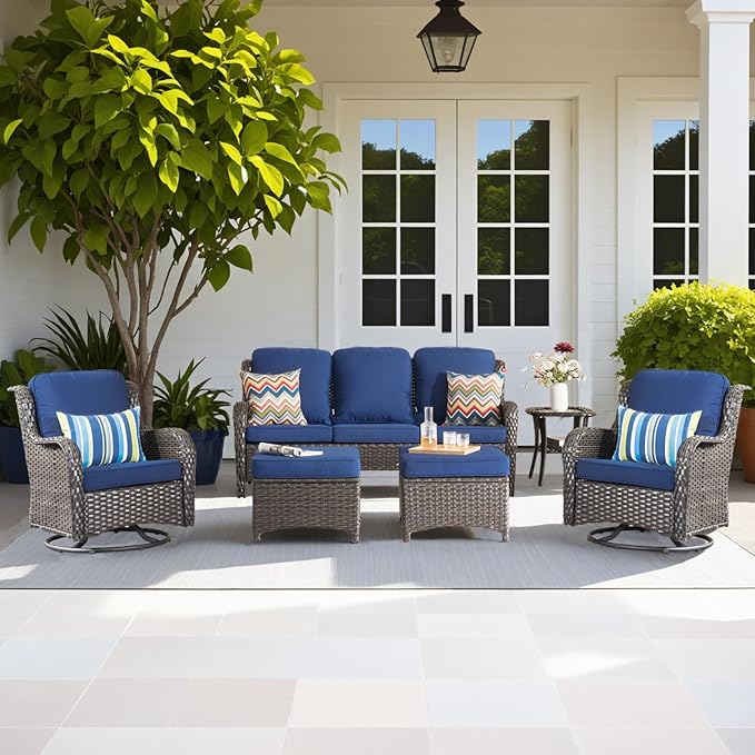 ovios 6-Piece Patio Furniture with Swivel Chairs, Outdoor Wicker Sofa Couch Gliders Rocker Comfy Cushions, High Back Modern Conversation, Brown Rattan, Navy Blue