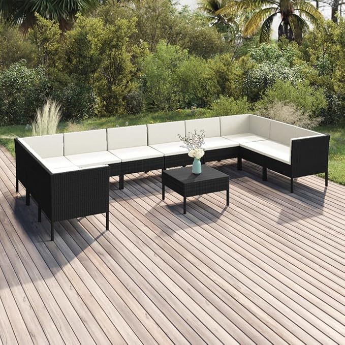 11 Piece Patio Lounge Set with Cushions,Patio Sofa,Outdoor Daybed,Patio Seating,Outdoor Furniture Sets,Patio Conversation Sets,Modern Set,Outdoor Patio Chairs,Patio Furniture Set, Poly Rattan Black