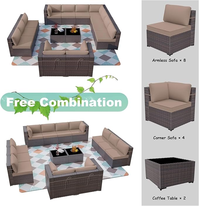 ALAULM 14 Pieces Patio Furniture Set Wicker Patio Conversation Set, Outdoor Sectional Furniture w/Coffee Table & Washable Seat Cushions-Sand