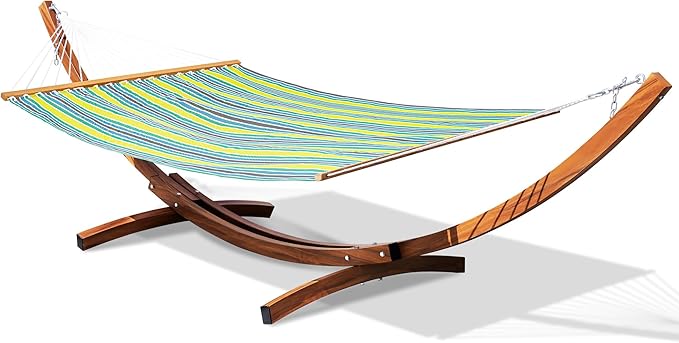 Lazy Daze Hammocks 12 FT 2 Person Double Quick Dry Textilene Hammock with Curved Steel Heavy Duty Stand for Outside, Backyard, Patio, 450 Lbs Capacity, Green Stripes