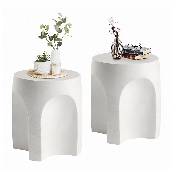 HOMPUS Outdoor Side Table Set of 2, Unique Patio End Table w Arch Shape, Round MgO Lightweight Concrete Accent, Modern Vintage Garden for Indoor Outdoor Use, White