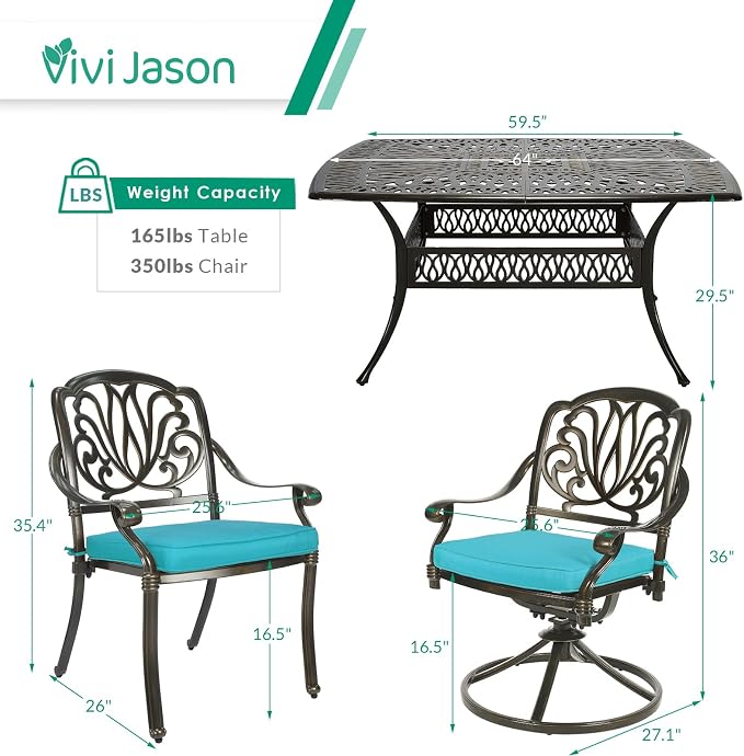 VIVIJASON 9-Piece Outdoor Furniture Dining Set, Cast Aluminum Patio Table and Chairs Set with 6 Stationary Chairs, 2 Swivel Rocker Chairs, 64" Large Square Dining Table, Umbrella Hole, Ocean Blue