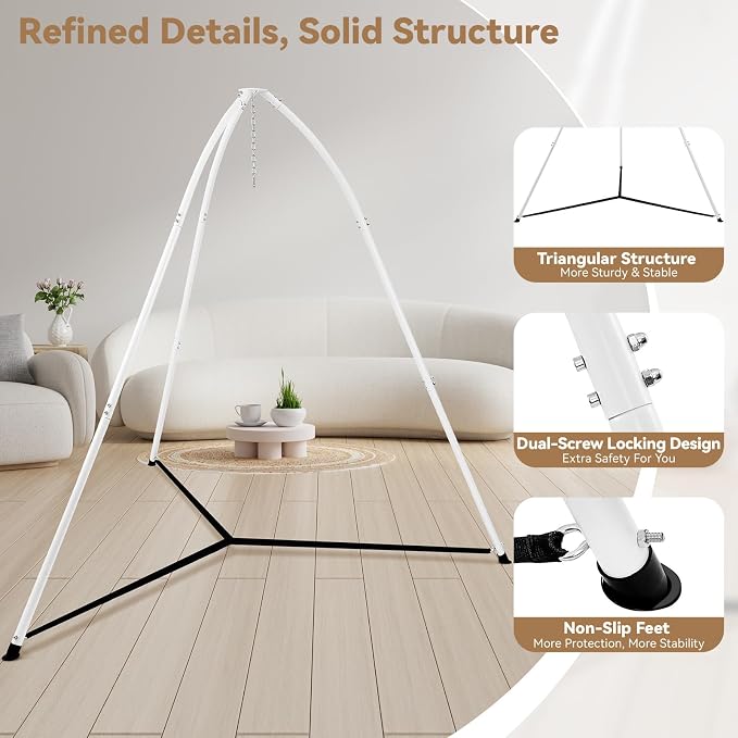 Tripod Hammock Chair Stand for Multi-Use, Heavy-Duty Hammock Chair Stand for Indoor & Outdoor, with Height Adjustable Triangular Design, 330 lbs Capacity, Easy Assembly, Stand Only - White
