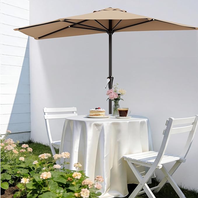 AreShark 9FT Half Patio Umbrella, Outdoor Wall Umbrella with Crank & 5 Sturdy Ribs, Table 1/2 Umbrella Patio for Garden, Deck, Balcony and Pool, Beige