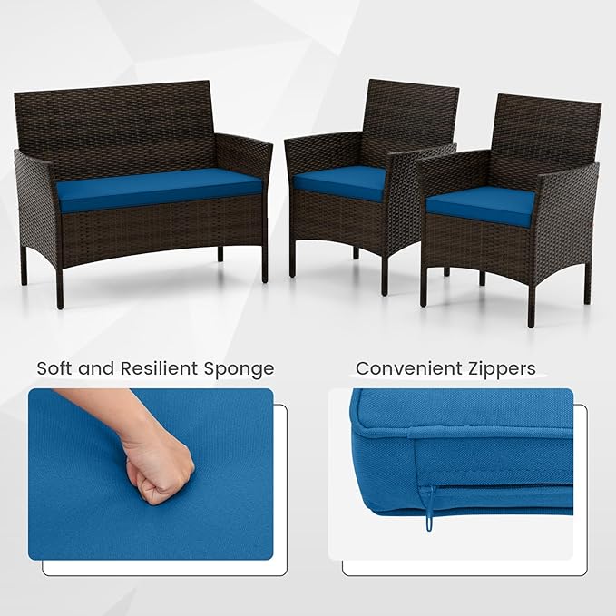 DORTALA 4-Piece Rattan Patio Furniture Set, Outdoor Table & Chair Set with Tempered Glass Coffee Table, Cushion, Wicker Conversation Set for Garden, Lawn, Poolside and Backyard, Peacock Blue