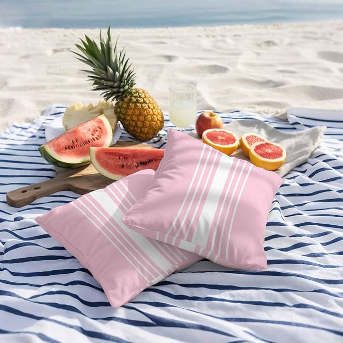 Pink White Stripe Outdoor Pillow Covers 20x20 Inch Throw Pillow Covers Set of 2 Waterproof Decorative Pillow Cases Modern Rustic Vertical Striped Cushion Covers for Patio Furniture Garden Couch Sofa