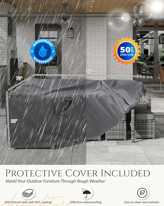 U-MAX 7 Pieces Patio Furniture Set with Waterproof Cover, Outdoor Sectional Sofa Conversation Set, All Weather Wicker Rattan Dining Table & Chair with Ottoman, Grey Rattan&Grey Cushion