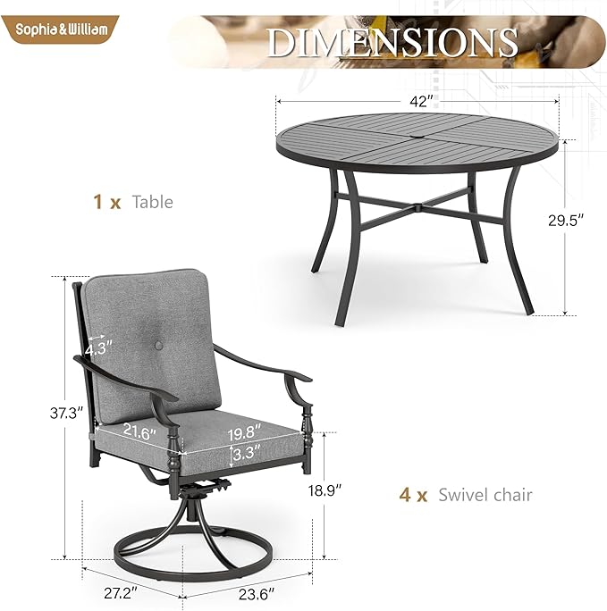 Sophia & William 5 Piece Outdoor Patio Dining Set, Patio Table and Chairs Set for 4,Swivel Patio Chairs with Cushions and Round Table, Outdoor Dining Set for Backyard, Poolside