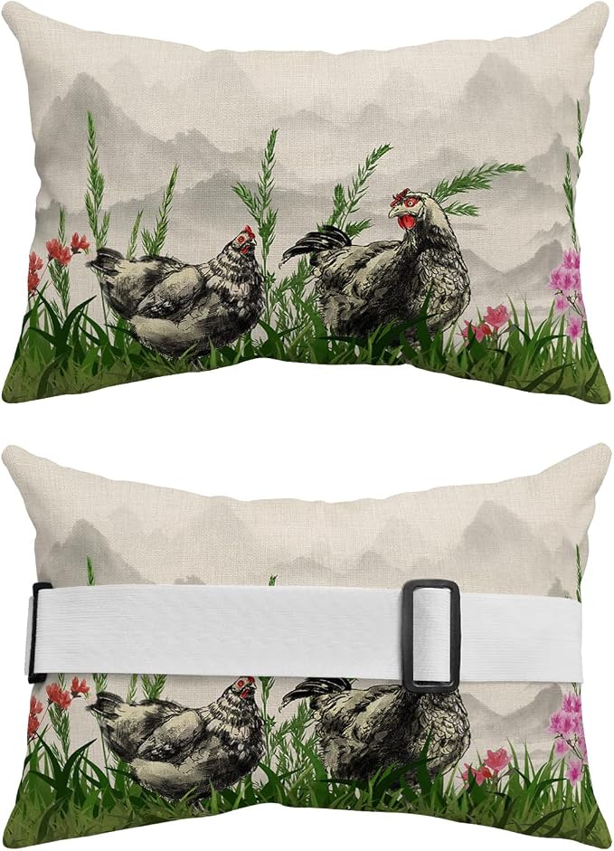 Outdoor Pillows Covers with Inserts Farmhouse Chicken Flower Ink Painting Green Waterproof Recliner Pillow with Adjustable Strap Throw Pillows for Patio Furniture Pool Lounge Chair, 11x16 inch, 1PCS