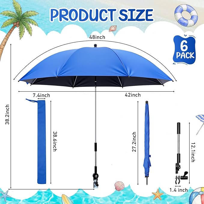 Sadnyy 6 Pcs Beach Chair Umbrella with Universal Clamp, 360 ° Adjustable Clip on Umbrellas 42" UPF 50+ Portable Sun Shade for Beach Chair Patio Camping Wheelchair Stroller Golf Cart