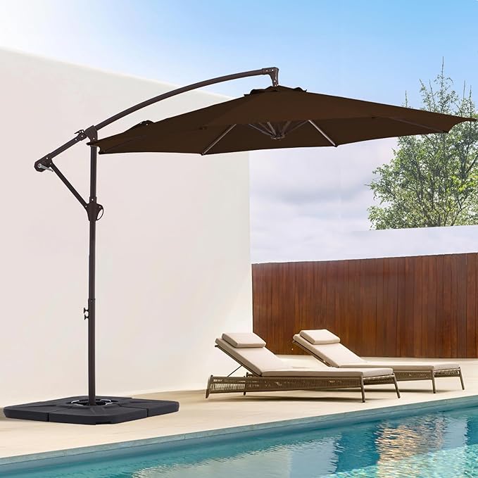 10FT Patio Umbrella, Outdoor Offset Cantilever Umbrella with Sturdy 8 Ribs and Reinforced Base, Easy Tilt Adjustment for Backyard Pool Garden,Brown