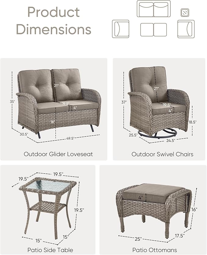 6 Pieces Patio Wicker Furniture Set-Outdoor Swivel Chairs Set of 2 Outdoor Glider Love seat with Outdoor Footstool Patio Furniture for Deck Porch Garden Balcony Poolside-Grey/Grey