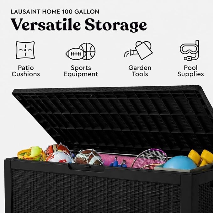 LAUSAINT HOME 100 Gallon Resin Deck Box, Package Delivery Box with Lockable Lid, Waterproof Outdoor Storage Box For Garden Tools, Patio Cushions(100 Gallon,Black)