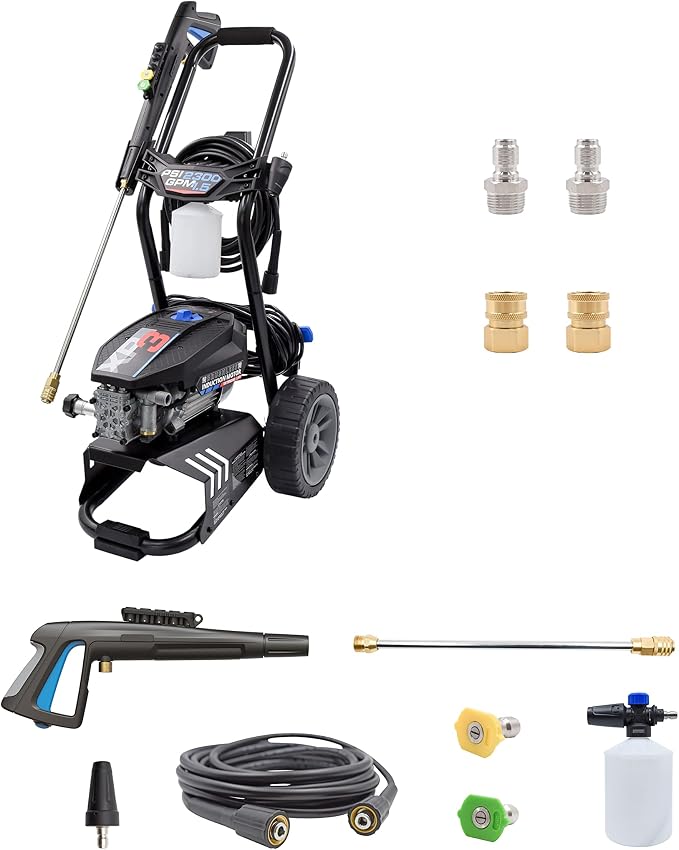 AR Blue Clean BMXP32300-BND2QC, Includes XP3 2300 Electric Pressure Washer with M22 Transfer Adapters. PSI, 1.5 GPM, Easy Connection Adapters, Trigger Gun, 25' Hose, 50 lbs, Black