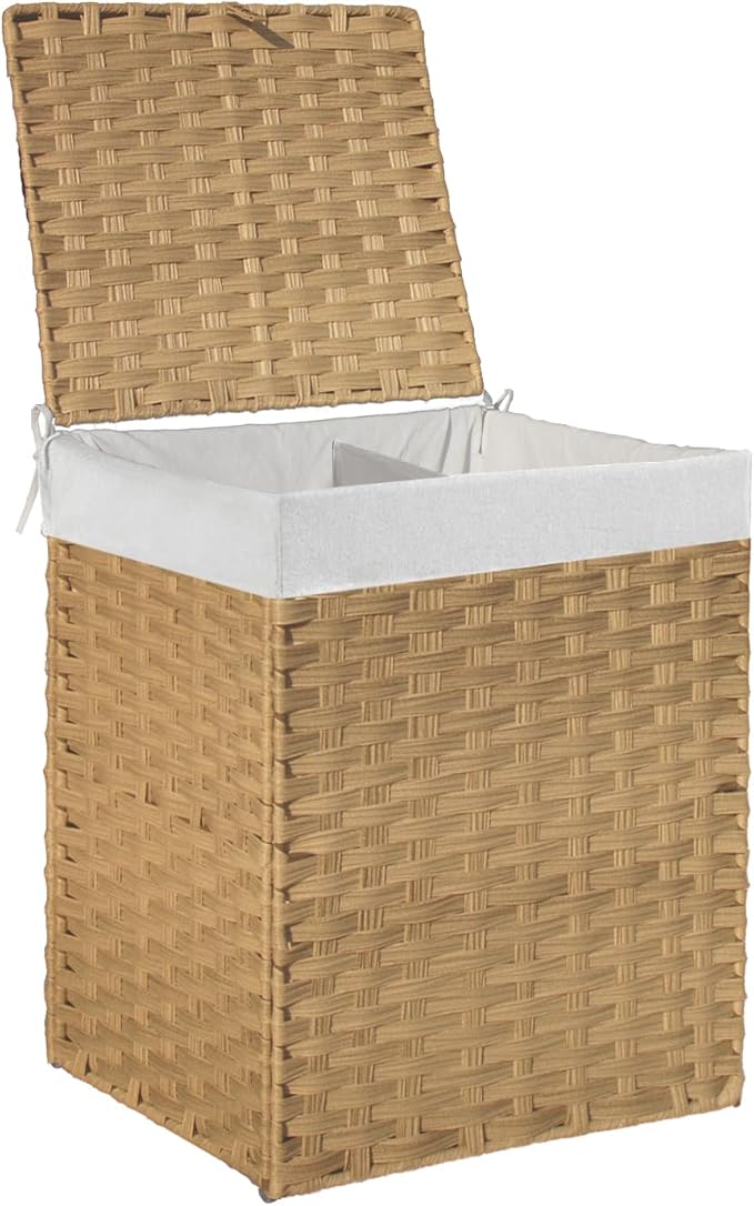 Outdoor Wicker Laundry Hamper with Lid,90L Foldable Laundry Basket with Removable,Machine Washable 2-Section Liner and Handles,Handwoven Yellow Rattan Hamper for Organization and Storage