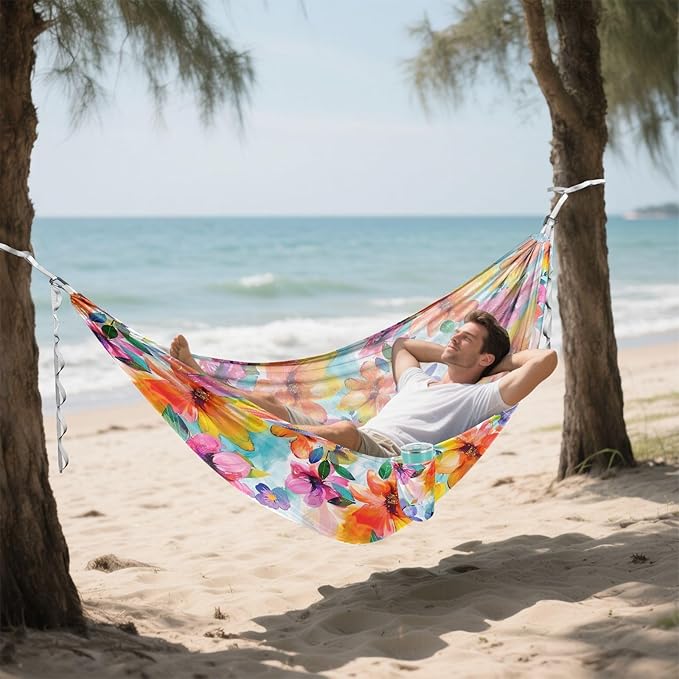 Camping Hammock Outdoor Hammocks for Outside Abstract Watercolor Flower Beach Trees Portable Lightweight with Pockets Tree Straps Indoor