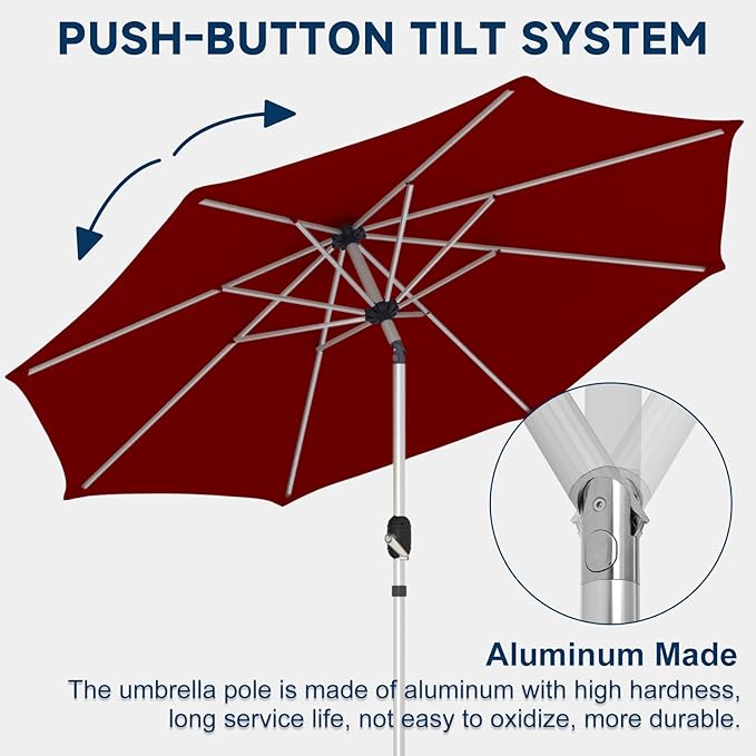 10FT 3-Tier Aluminum Outdoor Patio Umbrella, Fade-Resistant Market Umbrella with Push Button Tilt Function, 8 Sturdy All-Aluminum Ribs for Gardens, Patios, Backyards & Pools