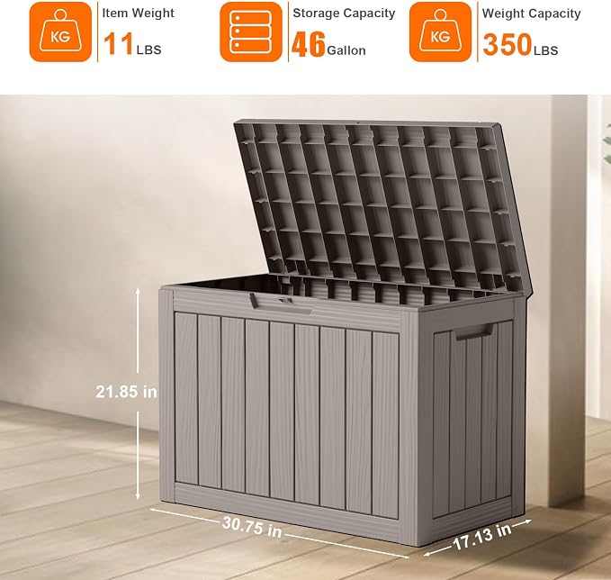 46 Gallon Outdoor Deck Box, Resin Waterproof Storage Box With Lockable Lid, UV-Resistant Multi-Purpose Outdoor Storage Bench for Patio Cushions, Garden Tools, Pool Accessories (46 Gallon, Grey)