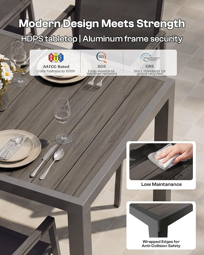Outdoor Dining Table, Aluminum Patio Table Set, All Weather Patio Dining Furniture Set with Umbrella Hole for Backyard, Deck, Poolside (Charcoal)