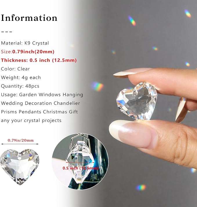 48pcs 20mm Crystal Heart Prism Sun Catchers Clear Chandelier Crystals Beads | Prisms,Rainbow Maker Suncatchers for Window,Garden,Glass Ornaments for Christmas Tree Home, Wedding,Valentine's Day Gift