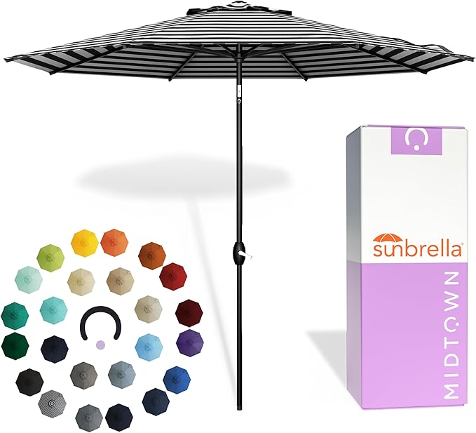 Midtown Umbrellas - The Lean 8 Ft Patio Umbrella with Fade-Resistant Sunbrella Fabric, Auto-Tilt Aluminum Frame and 8 Reinforced Ribs for Deck, Pool & Garden - Black & White Canopy, Black Pole