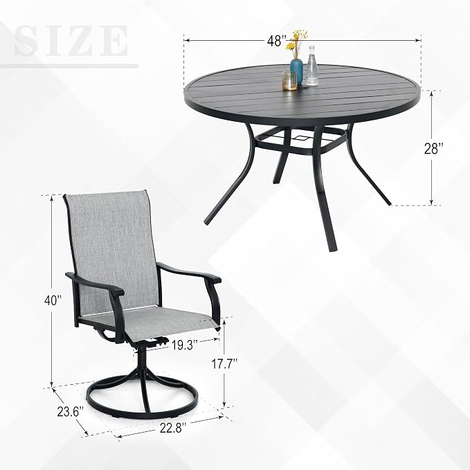 Anmutig 5-Piece Outdoor Dining Set, 48" Round Table with 4 Swivel Textilene Chairs All Weather Furniture Set - Light Grey