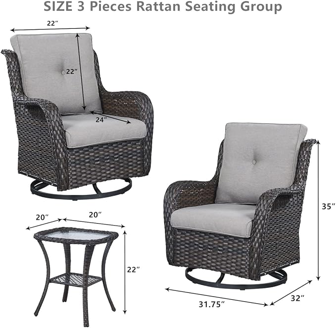 HUMMUH 5 Piece Outdoor Patio Furniture Set Wicker Conversation Bistro Set Swivel Rocking Chairs with Side Table and Ottomans for Backyard, Porch, Balcony