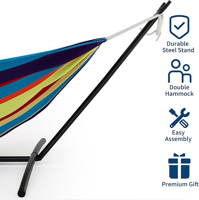 Double Cotton Hammock with Steel Stand for Outside, Brazilian Style 450lbs Capacity Portable Indoor Outdoor Lounger with Carry Bag, 2-Person Capacity, Ideal for Backyard, Garden, Camping, Tropical