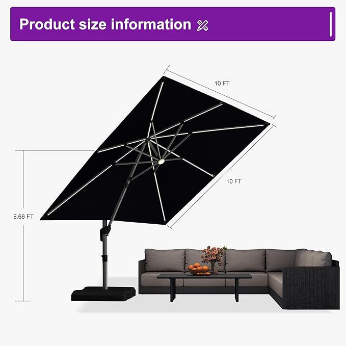 PURPLE LEAF Patio Umbrella with base 10 Feet Outdoor Square Cantilever Umbrella Solar Powered LED with 360-degree Rotation for Garden Deck Pool Patio, Black