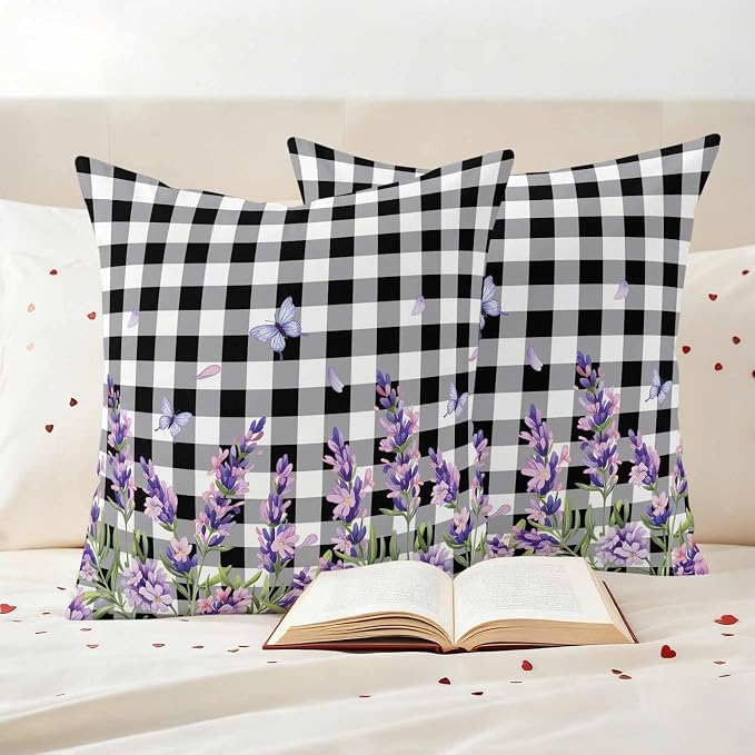 Lavender Floral Outdoor Waterproof Pillow Covers, Purple Flowers Butterfly Black Gray Plaid Decorative Square Throw Pillowcase Sofa Cushion Sham for Patio/Couch/Chair, 16"x16" 2 Pack