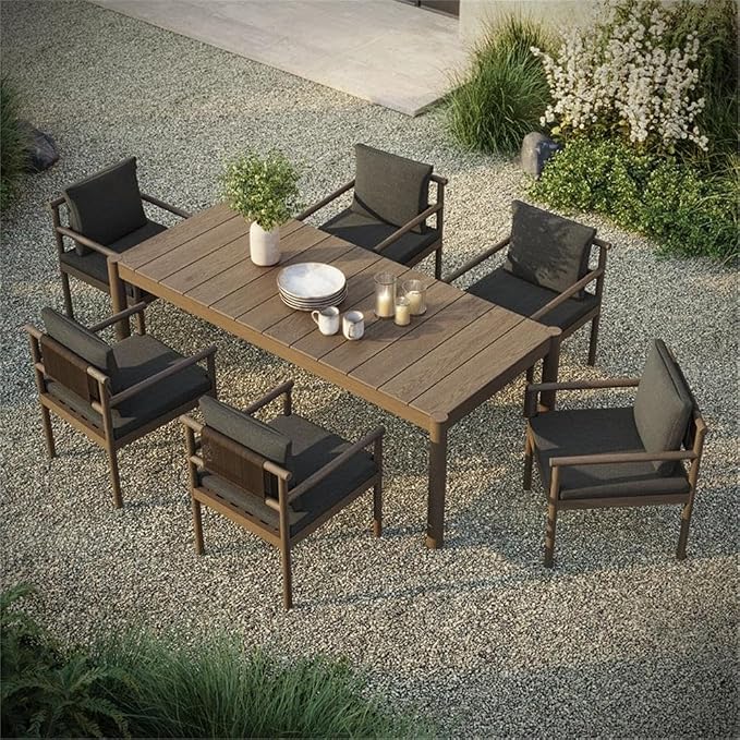 MAKLAINE 7-Piece Outdoor Patio Dining Set, Solid Teak Wood, 89 Inch Rectangular Table, Weathered Gray Flint Finish, Woven Rope Chair Backrest, Removable Cushions, Non-Marking Foot Caps, Deck or Patio