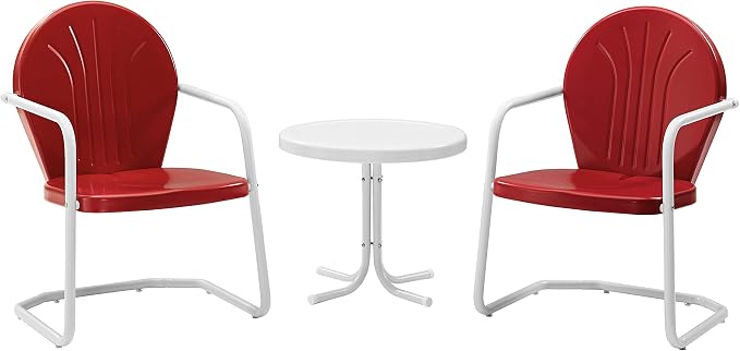 Crosley Furniture Griffith 3-Piece Outdoor Chair and Side Table Set, Retro Metal Bistro Patio Sets for Porch, Red