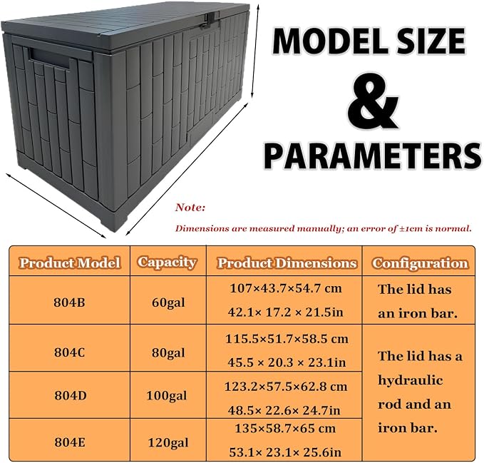 Outdoor Storage Box, Weatherproof Resin Deck Bin with Heavy-Duty Lid, High Load Capacity, Perfect for Patio Furniture, Garden Equipment, and Pool Accessories 804E