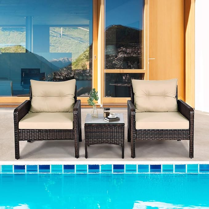 HAPPYGRILL 3 Pieces Patio Furniture Set Outdoor Rattan Wicker Coffee Table & Chairs Set with Seat Cushions Patio Conversation Set for Garden Balcony Backyard Poolside