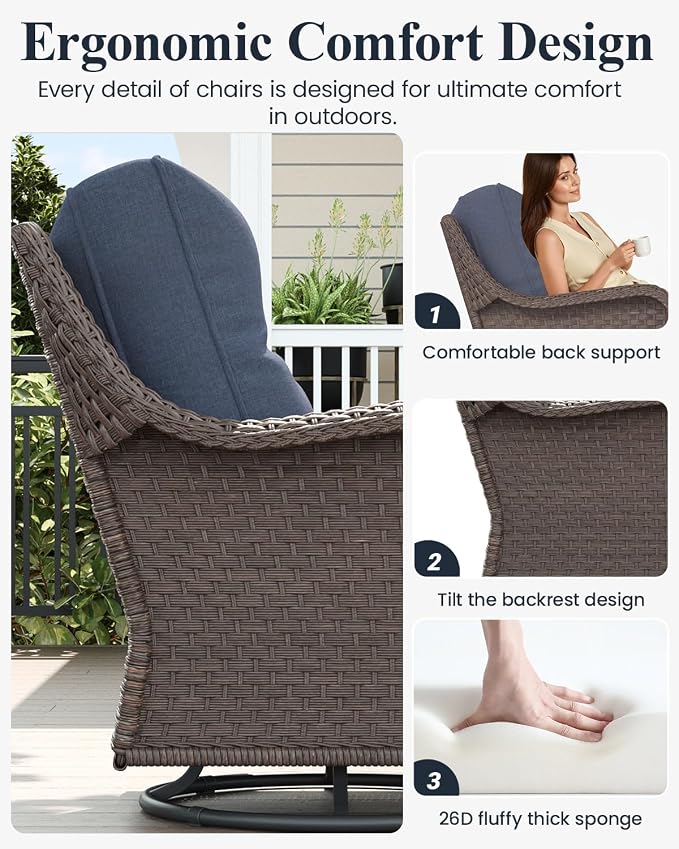LayinSun 5 Piece Wicker Outdoor Furniture Set with 6-inch Comfy Cushions, High Back Patio Furniture Set with Swivel Rocking Chairs and Side Table