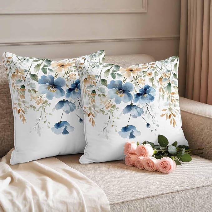 Blue Spring Floral Waterproof Outdoor Pillow Covers 16''x16'' Set of 2, Weeping Botanical Patio Furniture Summer Cushion Covers for Chairs, Decorative Wildflowers Pillow Cases for Garden/Pool/Beach