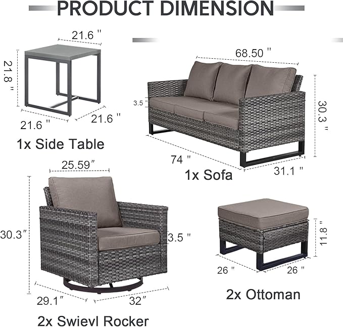 6 Piece Wicker Patio Furniture Set - Outdoor Swivel Rocker Chairs Set with Side Table, 3 Seat Sofa and Ottomans, Small Patio Conversation Sets Proch Furniture for Balcony Deck - Grey/Grey