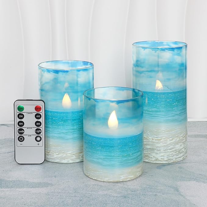 Blue Flickering Flameless Candles with Remote - Glass Battery Operated LED Pillar Candles for Beach/Coastal Theme Wedding Decorations (Set of 3)