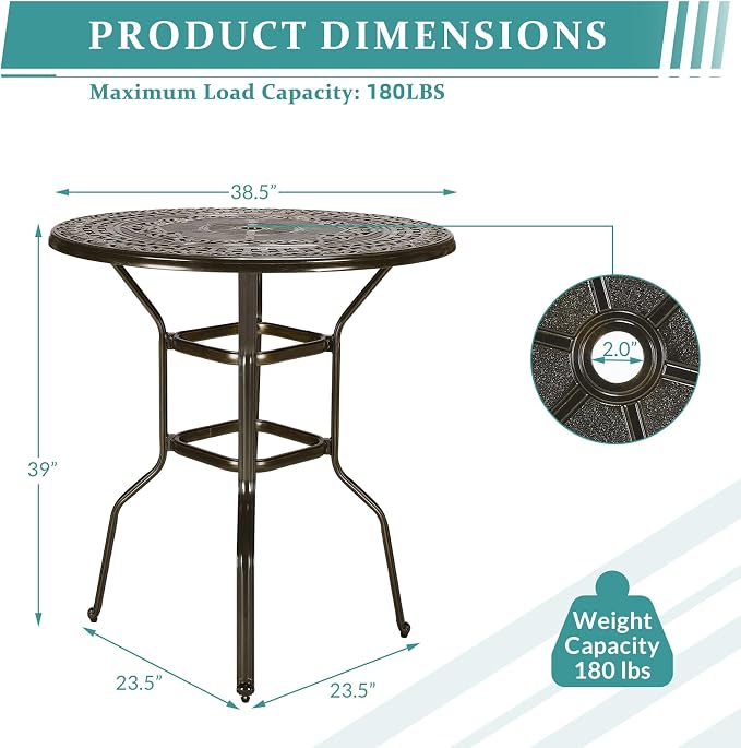 MEETWARM Patio Height Bar Table, 38.5" Bar Height Bistro Table, Outdoor Cast Aluminum Bistro Round High Top Dining Table with 2" Umbrella Hole for Garden Deck Backyard, Dark Bronze