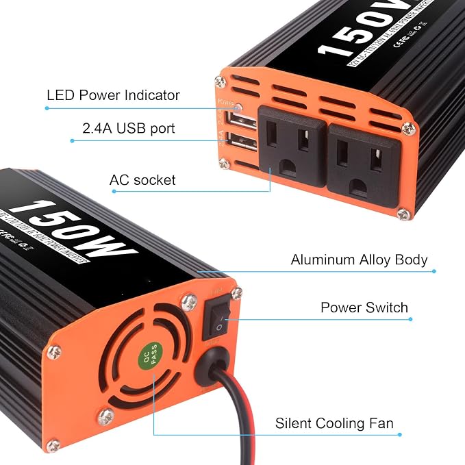 150W Car Power Inverter 12V AC to 110V/120V DC Converter Peak Power 300W Indoor & Outdoor Use with 2 AC Outlets & 2 USB Ports Car Laptop Charger Car Adapter