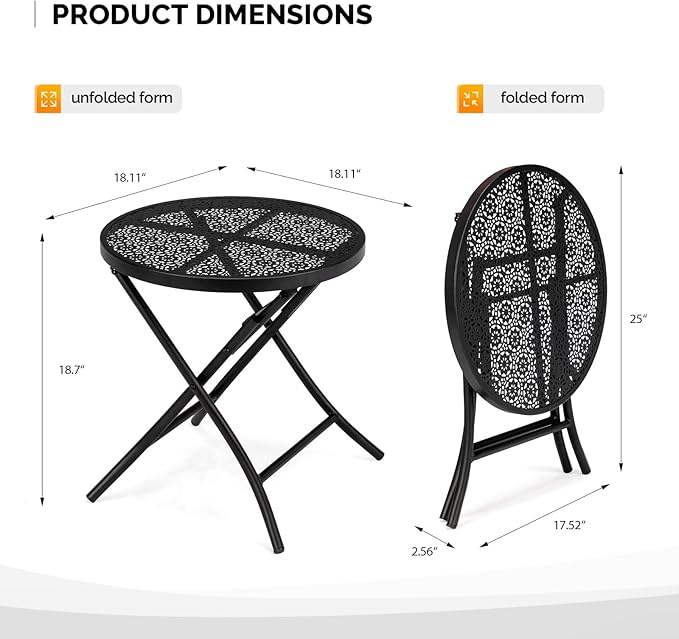 Folding Small Outdoor Side Tables, Patio Folding Side Table, Anti Rust Small Patio Table Round Metal Nightstand with Flower Cutouts for Porch Yard Balcony Deck Lawn