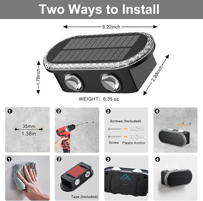 Ellasay Solar Fence Lights Outdoor: Waterproof IP65 with Dual LED Up Down Wall Lighting 3 Color Modes Diamond Crystal Cut Design Easy to Install for Garden Backyard Patio 10 Pack