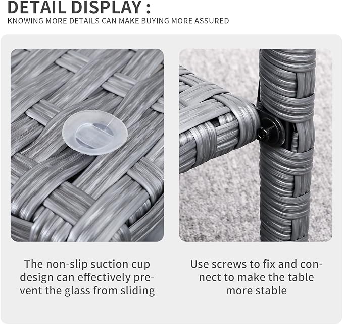 Valita Outdoor Wicker Glass Top Side Table - Patio Rattan Square End Table with Storage, Grey