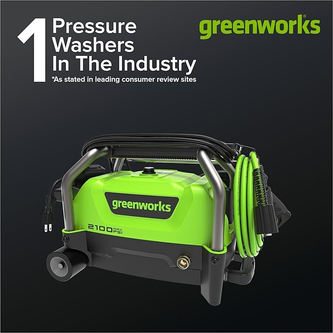 Greenworks 2100 PSI (1.2 GPM) Electric Pressure Washer (25°, 40°, Turbo Nozzle, Soap Applicator) for Use On Decks, Fences, Concrete Patios, Sidewalks & More. Medium-Duty