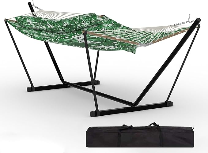 Double Hammocks with Stand for Outside, Heavy Duty Portable Outdoor Hammock with Carrying Bag & Soft Pillow & Paded, 450 LBS Weight Capacity, Perfect for Outdoor Indoor Patio Backyard Garden