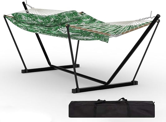 2 Person Outdoor Hammock with Stand, 450LBS Capacity, Heavy Duty Hammock with Carrying Bag & Soft Pillow, Portable Indoor Outdoor Hammock, Perfect for Backyard Patio Beach