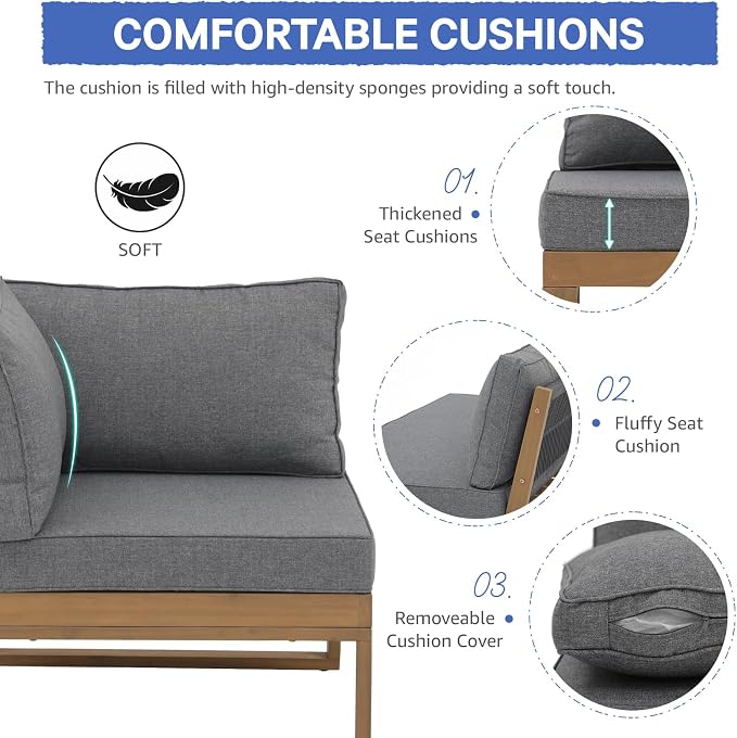 SUNSITT 4 Piece Acacia Wood Patio Furniture with Waterproof Cover, L-Shaped Outdoor Sectional Sofa Set with Coffee Table, FSC Certified Conversation Set with Built-in Side Table & Grey Cushions